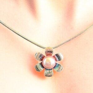 Vintage HW Burdick Sterling Silver AB Flower with Faux Pearl Necklace 925 Italy